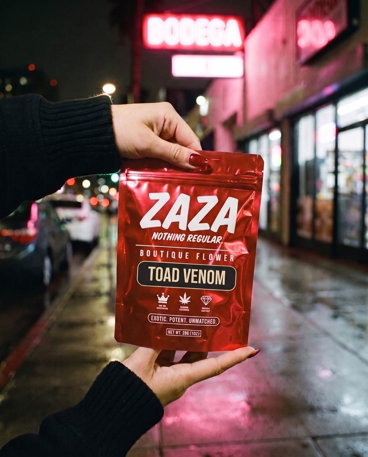 ZAZA Toad Venom boutique flower outside a bodega